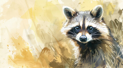 Obraz premium A charming watercolor illustration of a raccoon with expressive eyes, set against a soft, textured background.