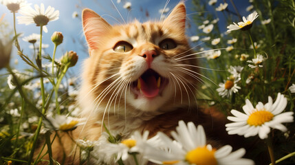 Hilarious catnip frenzy, whiskers twitching in a state of feline bliss.
