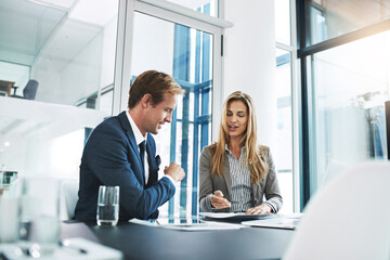 Financial advisor, client and table with paperwork for meeting, contract or insurance agreement. Documents, consultant or female broker in office for investment, deal or discussion at desk with man