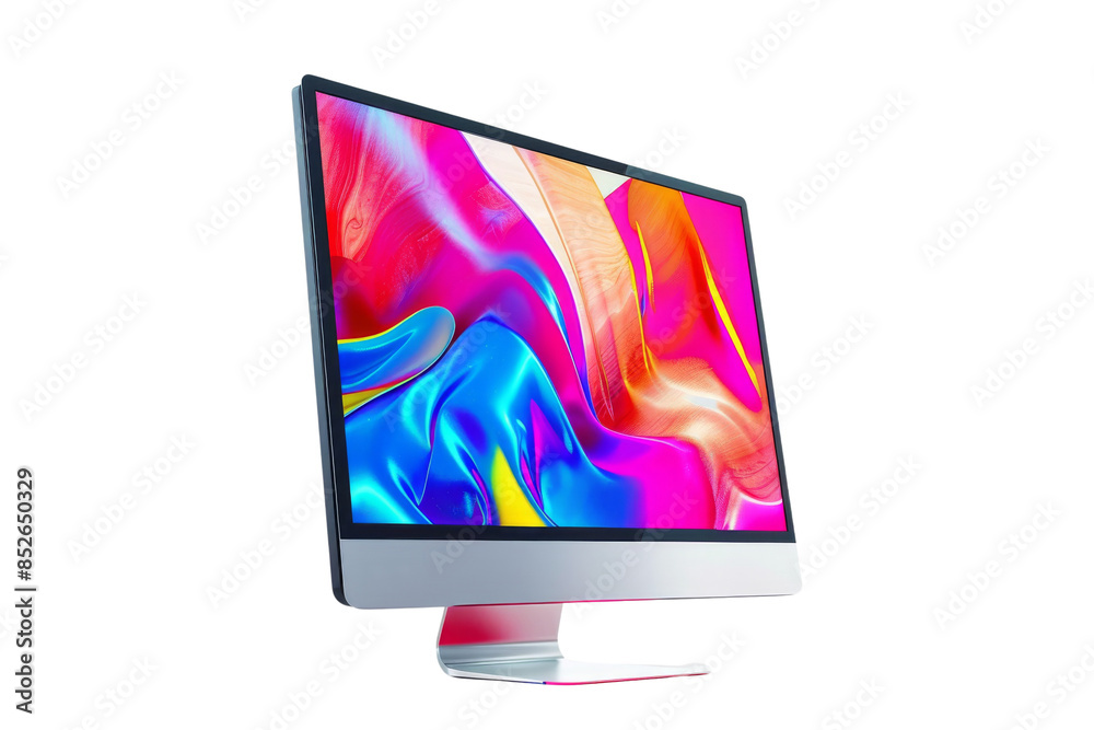 Poster Modern desktop computer with a colorful vibrant screen, showcasing a sleek design and high-resolution display on a white background.