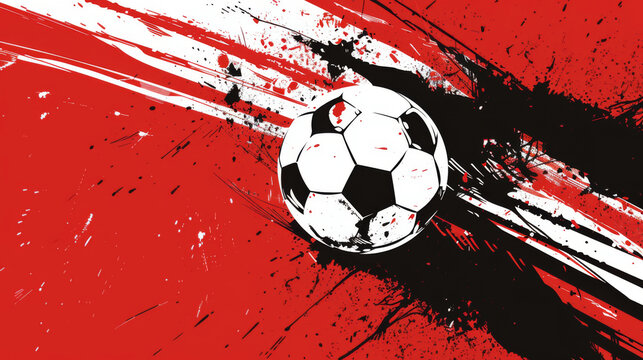 An energetic artistic depiction of a soccer ball with dynamic red and black brushstrokes, capturing the spirit of the game.