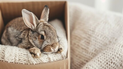bunny comfortably nestled inside a cozy box, with plenty of copy space on a light background