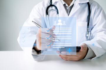 Medicine doctor use laptop to review patient medical records on virtual screens for digital healthcare. Review medical reports carefully and diagnose illnesses for an effective treatment plan.