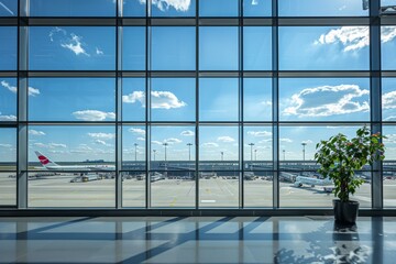 The window of the airport looks out on an airplane parked at length 