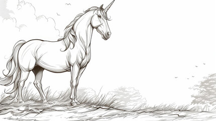 Detailed pencil sketch of a majestic unicorn standing proudly in a serene landscape, with intricate line work and shading.
