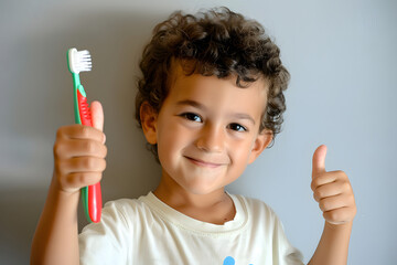 cheerful young boy with curly hair holding toothbrush and giving thumbs up, promoting good dental hygiene. The background is plain gray, highlighting the child's joyful expression and healthy habit