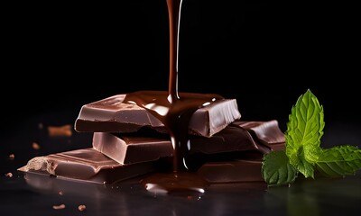 Closeup of melted hot chocolate pouring into chocolate bars with green mint leaves isolated on dark background with copy space.  Creative chocolate day background, dynamic fluid splash. July 7