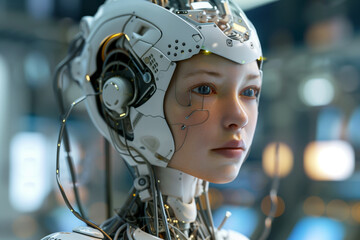A woman with a robotic face is staring at the camera. The image has a futuristic and mechanical feel to it, with the woman's face made of metal and wires
