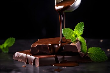 Closeup of melted chocolate pouring over chunks of chocolate with green mint leaves on dark background with copy space.  World Chocolate Day July 7. Milk Chocolate Day vector illustration. 