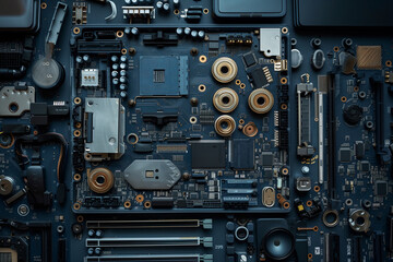A computer's motherboard is shown in detail, with many small components and wires. Concept of complexity and intricacy, as well as the importance of the computer's internal workings
