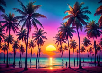 Tropical  Sunset On The Beach With Palm Trees.