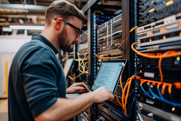 A man is working on a laptop in front of a large network of cables. He is focused on his work, possibly troubleshooting a problem or configuring a system
