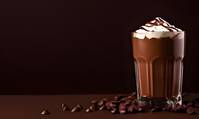 Closeup of chocolate milkshake with whipped cream, chocolate pieaces on brown background with copy space. Frappuccino with cream and chocolate sauce. World Chocolate Day July 7