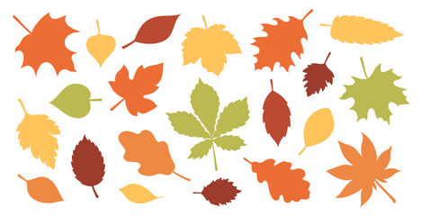 A set of silhouettes of autumn leaves in warm colors