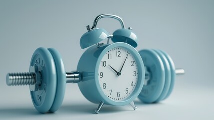 A vintage alarm clock placed between two dumbbells on a white background, symbolizing fitness, workout timing, and discipline.