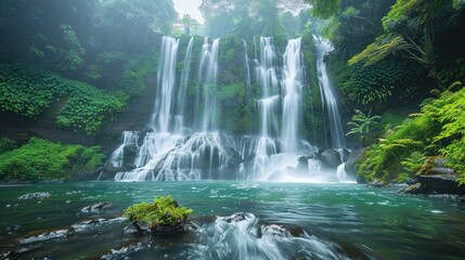 Waterfall in Lush Rainforest with Foggy Ambiance