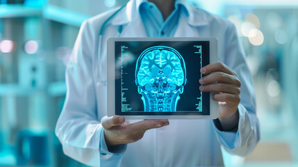 Doctor holding a digital tablet with x-ray of brain