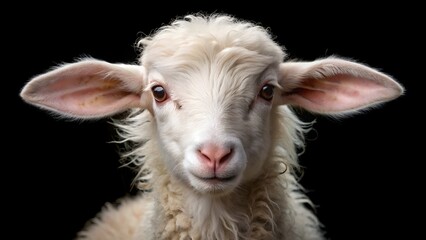 Fototapeta premium Portrait Of A Cute Lamb Looking At The Camera With Big Ears And Fluffy White Wool Against A Black Background.