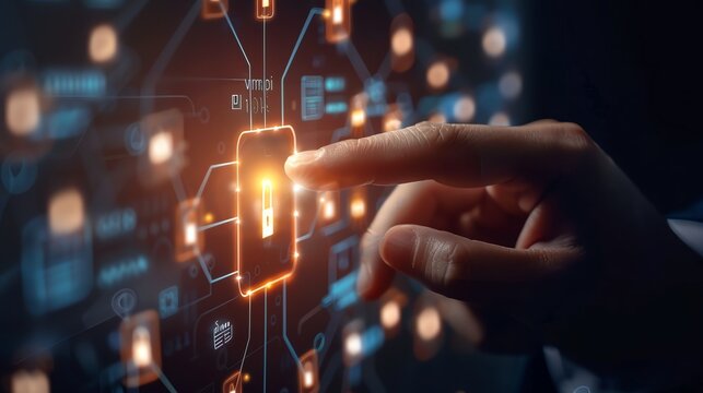 Close-up of a person interacting with a futuristic digital interface, touching a glowing circuit. Concept of technology and innovation.