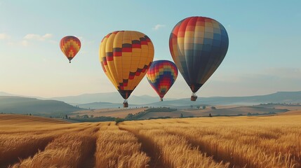 Obraz premium Four hot air balloons flying over a field of wheat.