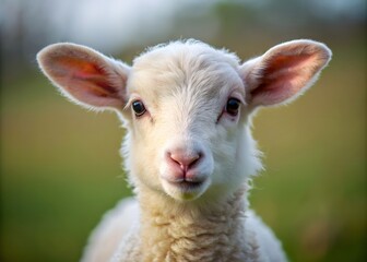 Portrait Of A Cute Lamb Looking At The Camera With Big Ears And A Pink Nose