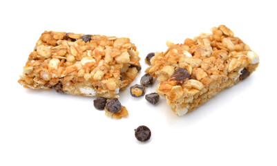 Oatmeal, almond and honey cereal bar isolated on white background