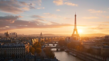 Fototapeta premium Stunning sunset view of the Eiffel Tower with the Seine River and Paris cityscape, capturing the serene beauty of the French capital.