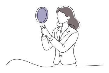 Businessperson woman with magnifying glass, doodle continuous line art vector illustration.