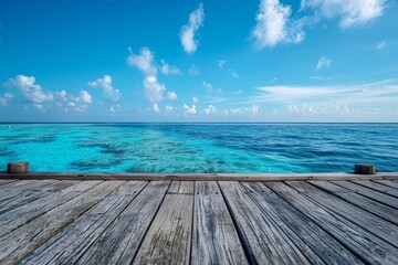 Fototapeta premium Tropical Paradise Tranquility - Serene Maldives Landscape with Wooden Surface in Foreground
