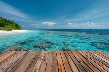 Fototapeta premium Tranquil Maldives Paradise - Wooden Surface Leading to Coral Atolls and Crystal Waters