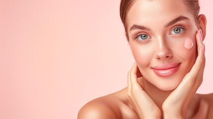 Naklejka premium A close-up beautiful face of a woman with fair skin and a well-proportioned figure, She poses to showcase her smooth, clear, and radiant facial skin. The background is a soft pink..