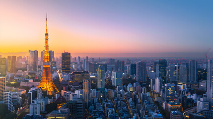 Naklejka premium A panoramic view of Tokyo Tower and modern skyscrapers embodying Japans fusion of tradition and innovation.