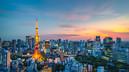 A panoramic view of Tokyo Tower and modern skyscrapers embodying Japans fusion of tradition and innovation.