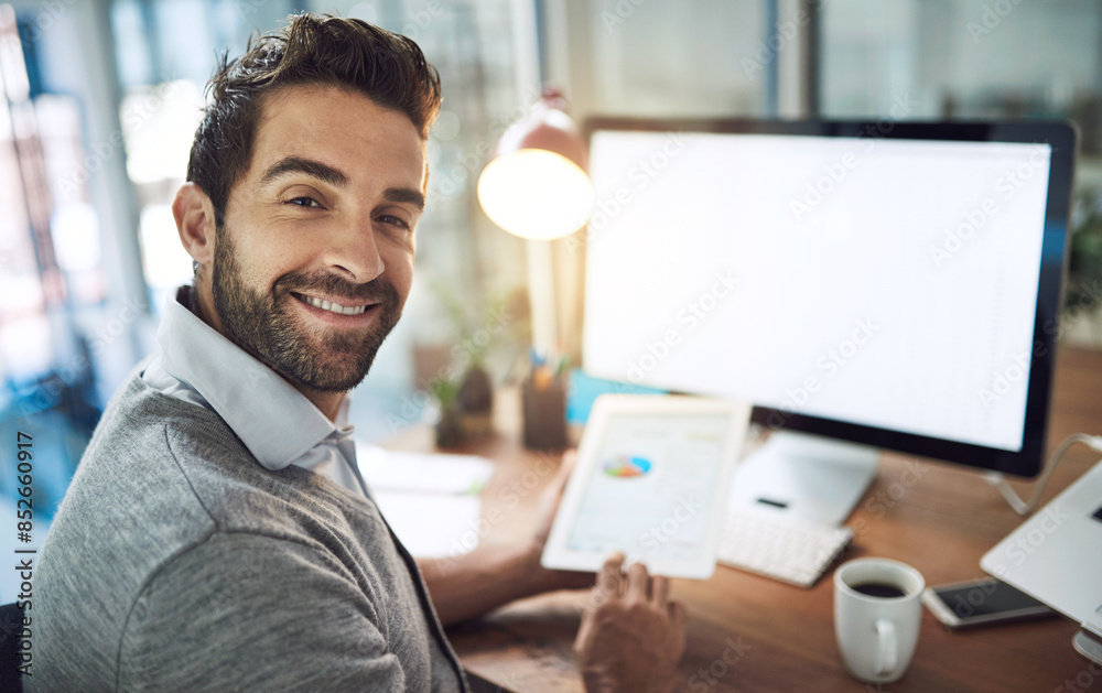 Fototapete Businessman, portrait and tech for online research with web design and software development for seo project in office. Designer guy, tablet and internet for check website traffic and algorithm review