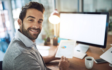 Businessman, portrait and tech for online research with web design and software development for seo...