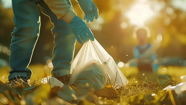 Closeup of family picking up trash outdoors and eco volunteering in park, copy space