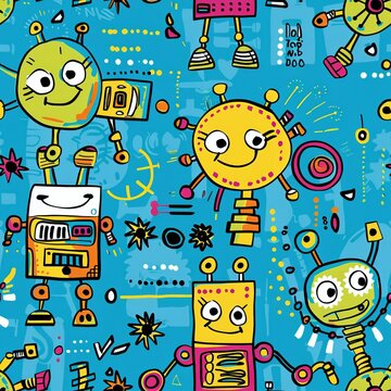 "Colorful Robot Pattern on Blue - Fun and Whimsical Design for Kids' Room and Decor