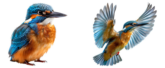 Obraz premium Kingfisher bird set PNG. Kingfisher bird PNG. Beautiful bird with orange and blue feathers isolated. Fully grown kingfisher bird PNG. kingfisher bird flying PNG. Kingfisher caught in flight isolated