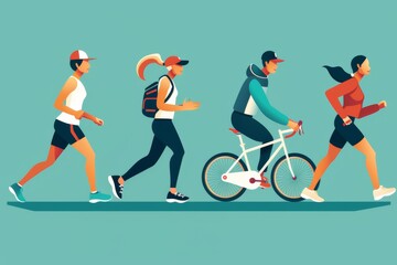 healthy lifestyle - people doing physical activity - jogging, walking, cycling in the park for health benefits