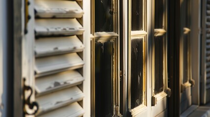 Close-up of a colonial window, hand-blown glass, wooden shutters, soft daylight, sharp details, macro shot, historical architecture. 