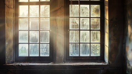Close-up of a historic manor window, elegant mullions, frosted glass, soft sunlight, detailed texture, high detail, vintage elegance. 