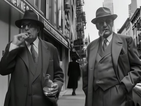 two person smoke cigar on the street black and white 1950 vibe