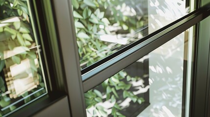 Close-up of a pivot window, sleek metal frame, clear glass, soft daylight, detailed texture, high detail, innovative design. 