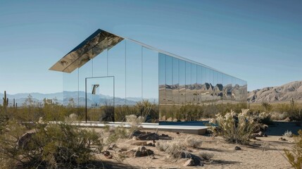 House made by mirror in sand desert, futuristic developer project