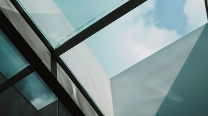 Close-up of a minimalist skylight, frameless glass, natural light, high detail, macro shot, contemporary roof design. 