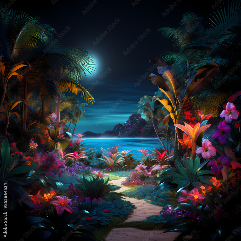 Poster Tropical paradise with neon-colored flora.