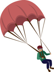 Flat isolated skydiver flying with a parachute. Cartoon parachutist illustration vector.