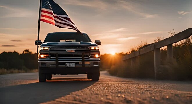 Pick up car with the USA flag.