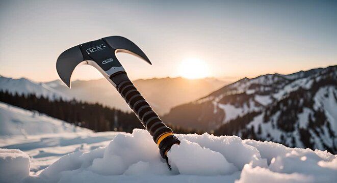Ice ax Climbing in the mountains.