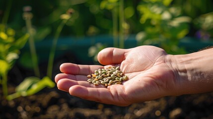 Close-up of a Hand Holding Plant Seeds in a Garden with Lush Greenery in the Background, Ready for Planting